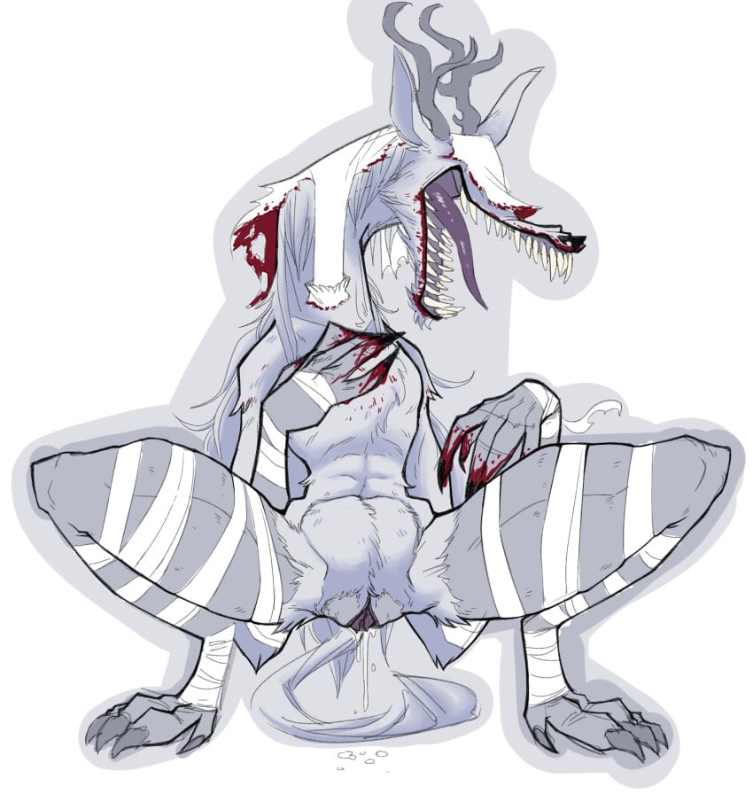 anthro antlers bandage beast_(bloodborne) black_nose blood blood_on_claws blood_on_hand bloodborne bodily_fluids canid canine canis chest_tuft claws coolstylefag covered_eyes crouching digitigrade dripping featureless_chest female flat_chested fromsoftware front_view fur genital_fluids grey_antlers grey_body grey_claws grey_fur grey_horn hand_on_chest hi_res horn long_neck long_tongue mammal navel nude open_mouth pussy_juice_drip sharp_teeth simple_background solo sony_corporation sony_interactive_entertainment spread_legs spreading teeth thick_thighs tongue tongue_out tuft vaginal_fluids vicar_amelia white_background wide_hips wolf