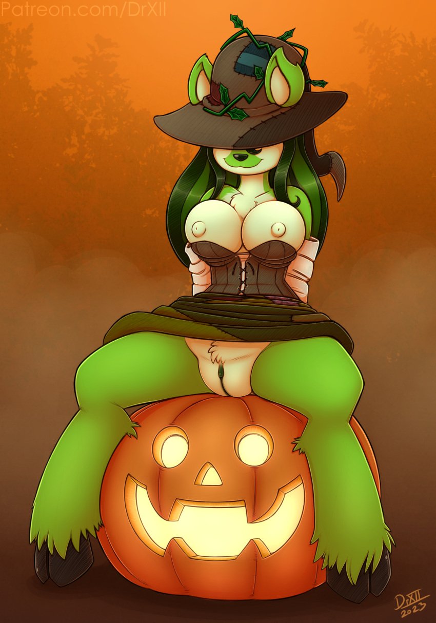 2023 2:3 anthro breasts clothed clothing deer digital_media_(artwork) drxii female food fruit fur genitals green_body green_fur hair halloween hat headgear headwear hi_res holidays ixi_(neopets) jack-o'-lantern magic_user mammal neopet_(species) neopets nipples partially_clothed plant pumpkin pussy simple_background sitting_on_pumpkin smile solo sophie_the_swamp_witch witch