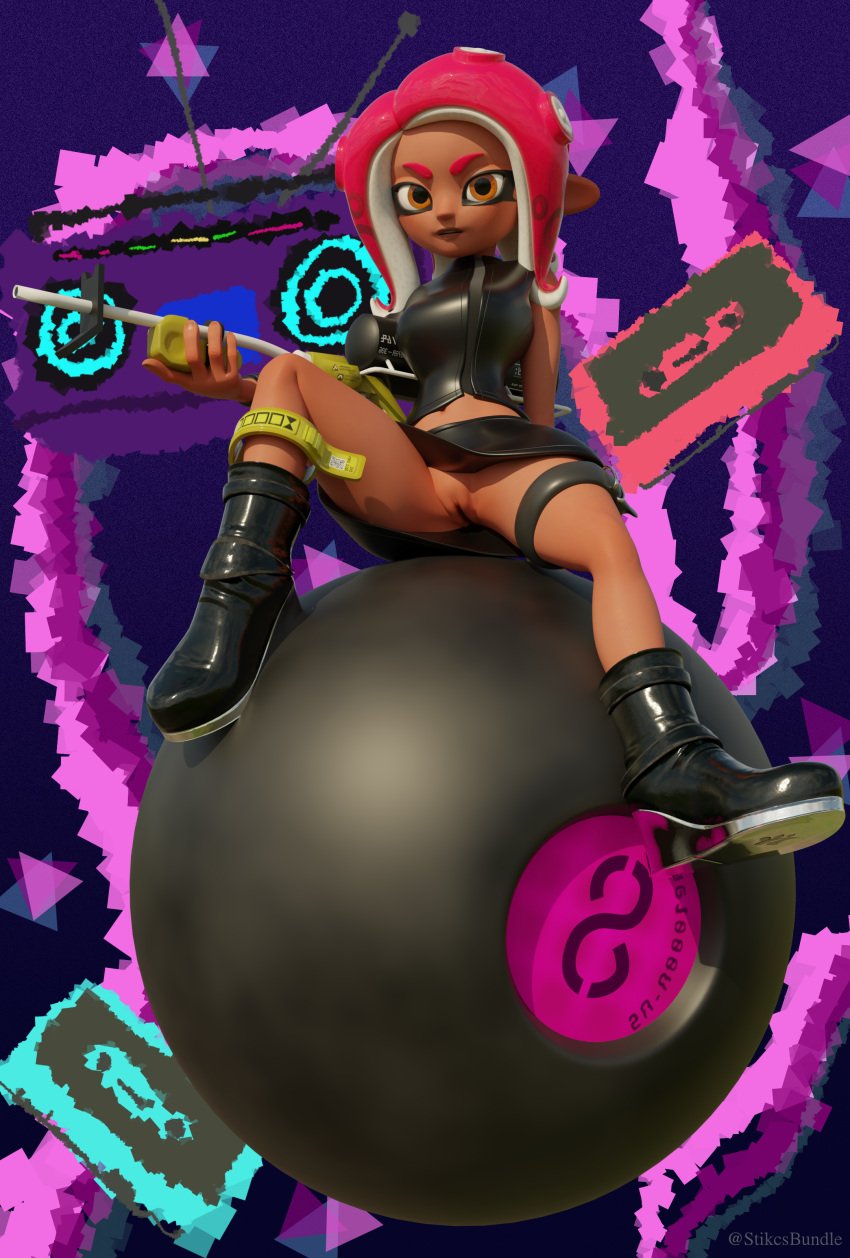 3d 8_ball agent_8_(splatoon) asymmetrical_clothing black_clothing clitoris crop_top dark_skin female gun humanoid latex legwear looking_at_viewer midriff nintendo octoling octopus octopus_humanoid orange_eyes pink_hair pussy shoes skirt solo splatoon spread_legs stikcs tentacle tentacle_hair upskirt