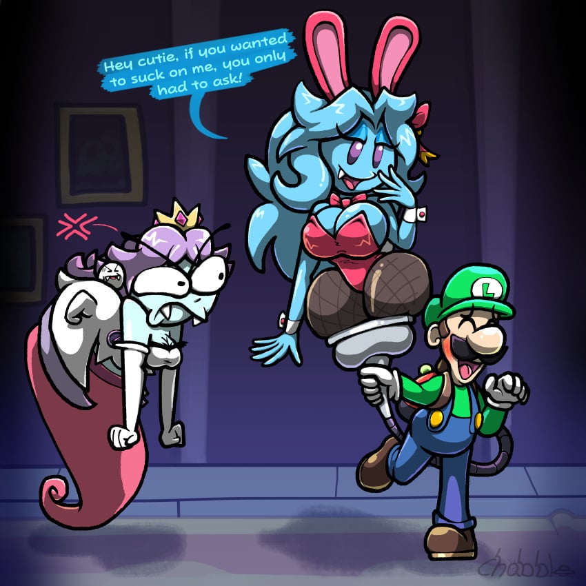 1boy 2girls angry ass_focus big_breasts blue_skin blush boo_(mario) bunny_ears bunnysuit chabble cleavage clothed fangs female ghost ghost_girl ghost_tail harriet_(harry_amoros) huge_ass huge_breasts jealous luigi luigi's_mansion male mario_(series) no_bra playboy_bunny poltergust princess_daisy purple_hair self_upload stuck super_mario_bros. teasing text