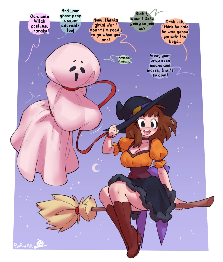 black_skirt bondage borvar broom broom_riding broomstick brown_eyes brown_hair collar english_text flying ghost ghost_costume halloween izuku_midoriya leash light_skin my_hero_academia night_sky ochako_uraraka simple_background text uraraka_ochako white_skin witch witch_costume witch_hat