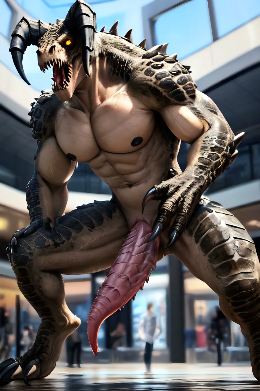 abs ai_generated animal_genitalia animal_penis big_penis claws deathclaw digitigrade fingers hors male_only mall monster musles nipples open_mouth presenting presenting_penis scales scalie sharp_teeth spread_legs tapering_penis toe_claws tongue yellow_eyes