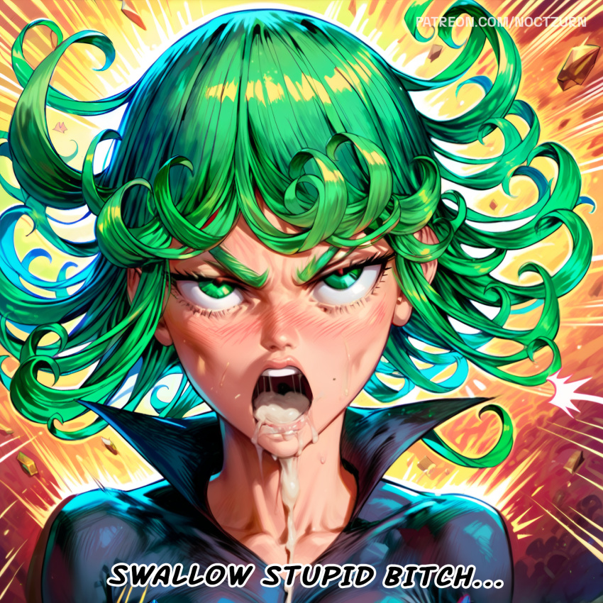 ai_generated angry_face blush cum_in_mouth green_eyes humiliation insult mouthful noctzurn one-punch_man open_mouth small_breasts smaller_female tatsumaki text tsundere