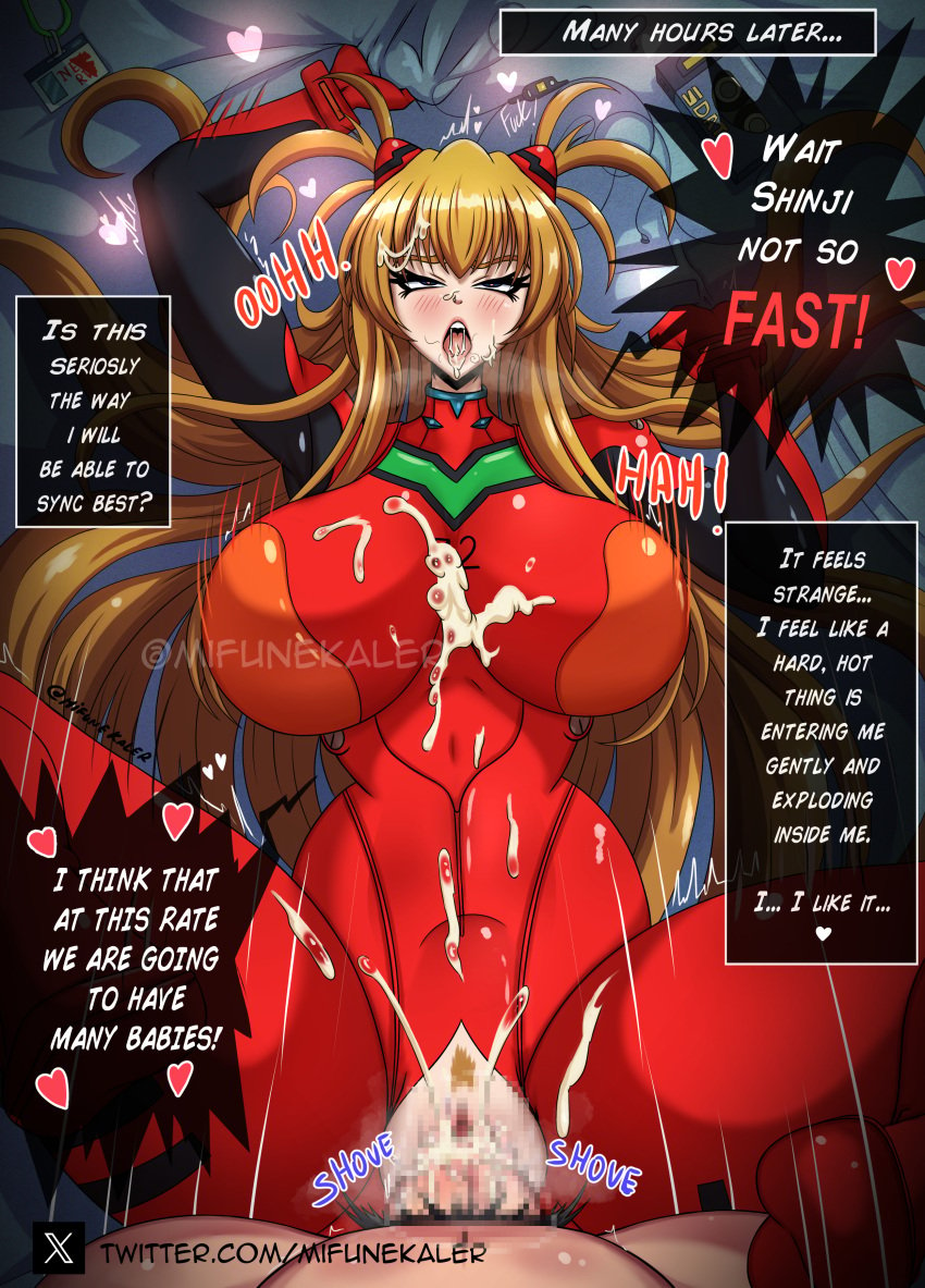 ! 1boy 1girls :o ? absurdres after_fellatio alternate_breast_size arms_up artist_name asuka_langley_sohryu blue_eyes blush bodysuit bouncing_breasts breasts brown_hair clothed_female_nude_male clothed_sex clothing_cutout crotch_cutout cum cum_in_pussy cum_on_breasts cum_on_clothes curvy english_text female female_orgasm hair_between_eyes heart heavy_breathing highres impossible_bodysuit impossible_clothes indoors interface_headset large_breasts lips long_hair looking_at_another looking_at_viewer mifunekaler missionary moaning neon_genesis_evangelion nipples on_bed open_bodysuit open_clothes open_mouth orgasm penis plugsuit pussy red_bodysuit rolling_eyes shinji_ikari shiny_clothes signature skin_tight spread_legs standing stomach_bulge tongue tongue_out tsundere twitter_username two_side_up wide_hips