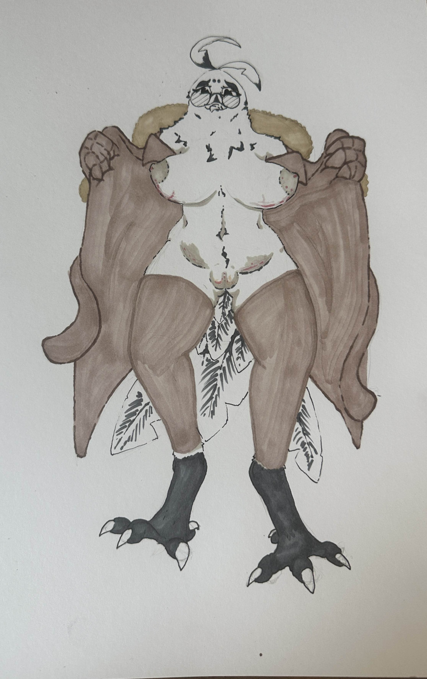 absurd_res anthro artist_slimber avian exhibitionism eyewear female glasses hi_res solo traditional_media_(artwork)