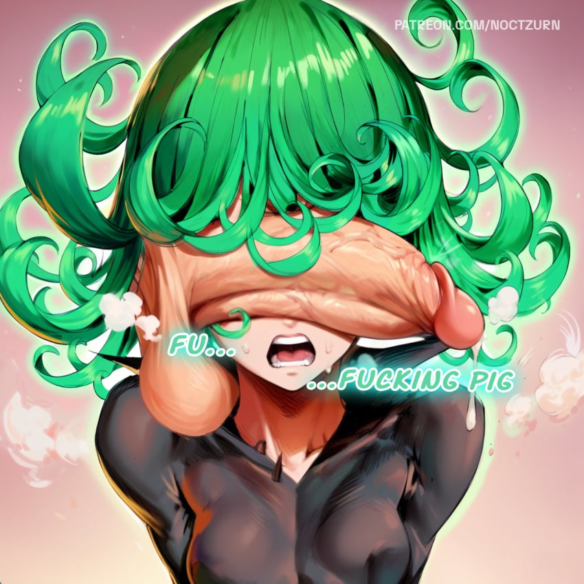 ai_generated angry_face big_penis dominant_female fat_cock green_eyes insult jlullaby_(style) noctzurn one-punch_man penis_over_eyes small_breasts smaller_female tatsumaki text tsundere