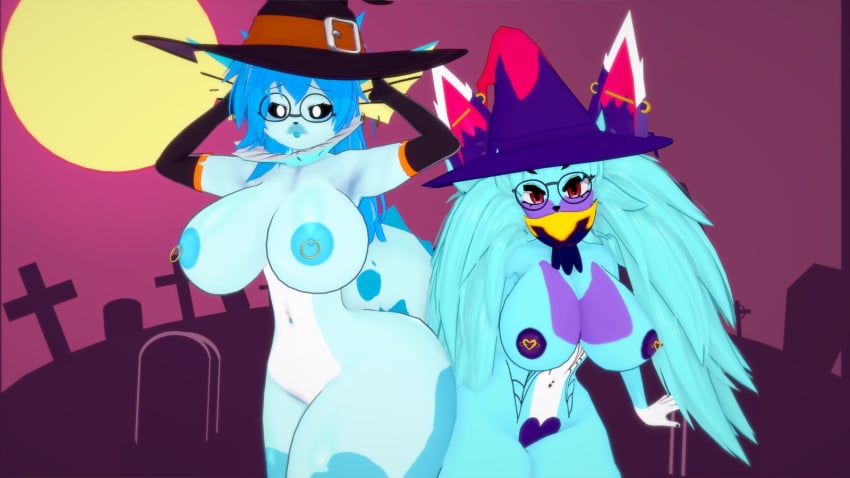 2girls 3d 3d_model anthro anthro_only blue_body blue_nipples eeveelution female furry furry_female furry_only halloween halloween_costume halloween_theme katress koikatsu koikatsu! nipple_piercing nipples nude pal_(species) palworld pokemon pokemon_(species) purple_nipples splash_(vap_enjoyerts) splashnsfw vaporeon