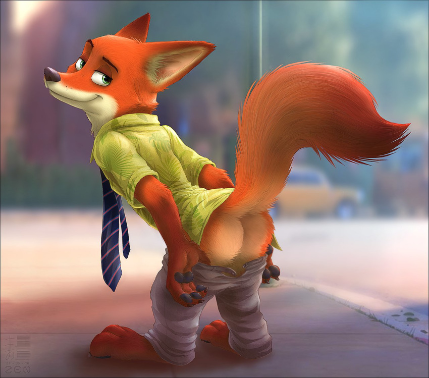 1boy 2016 4_fingers anthro ass barefoot canine claws clothed clothing disney fox fur green_eyes looking_at_viewer looking_back male male_only mammal mooning necktie nick_wilde orange_fur pants_down pants_pull partially_clothed presenting presenting_ass presenting_hindquarters raised_tail shirt signature solo standing zen zootopia