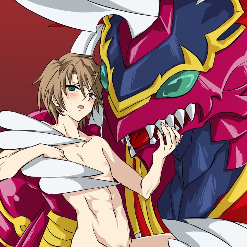 1boy abs blush brown_hair cardfight!!_vanguard green_eyes kai_toshiki lifting male male_only monster muscle nipples saeka size_difference sweat tagme