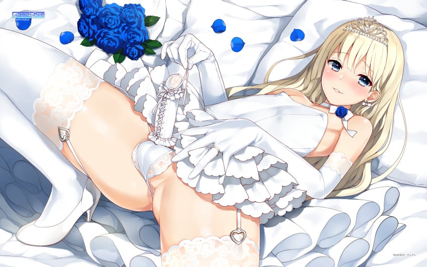 1boy androgynous balls balls_in_panties blonde_hair blue_eyes blue_rose bride crossdressing dress femboy femboy_bride game-style girly heels high_heels male male_bride male_only nemunemu_(candy_paddle) panties penis penis_under_clothes penis_under_dress see-through solo stockings testicles thighhighs tiara trap trap_bride wallpaper wedding_dress white_panties