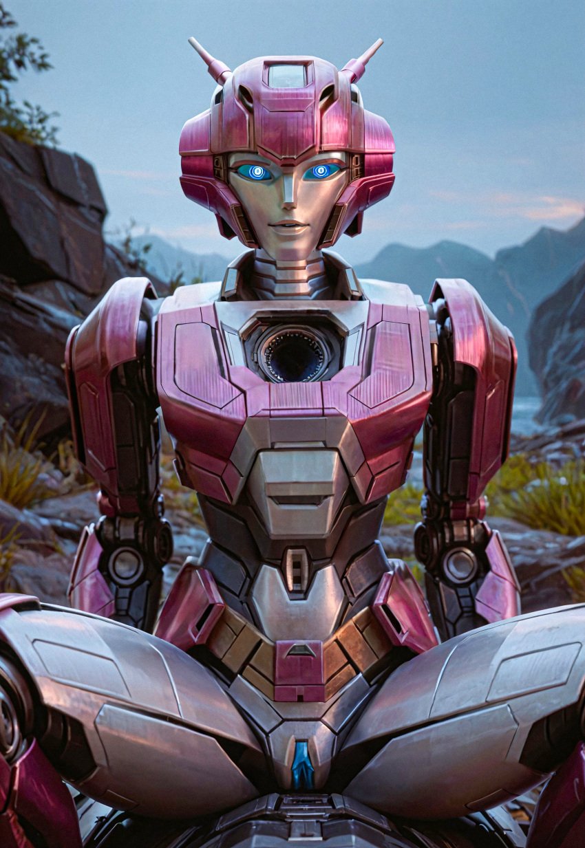 ai_generated civitai cowgirl_position edit elita_one glowing_eyes grass hasbro looking_at_viewer mountain nature outdoors paramount_pictures photorealistic presenting_pussy pussy robot robot_girl sitting spread_legs tagme transformers transformers_one