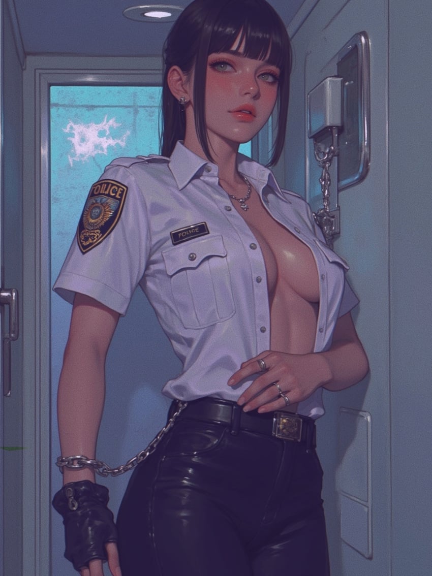 1girls ai ai_generated big_breasts female looking_at_viewer police police_uniform tight_clothing undone_shirt