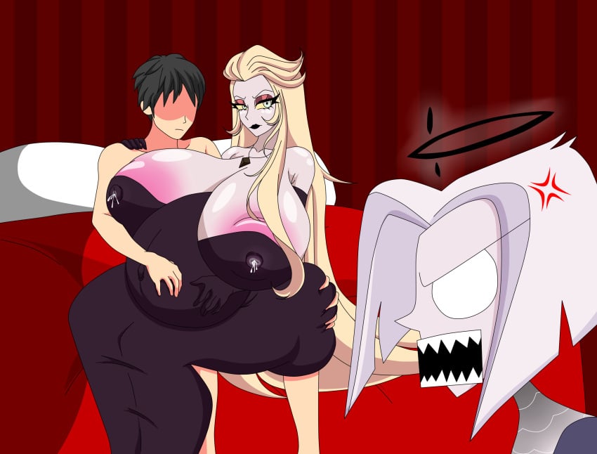 1boy 2girls angel angry angry_expression angry_face annoyed annoyed_expression anon demon demon_girl dress gigantic_breasts halo hazbin_hotel huge_ass huge_breasts human humanoid lilith_morningstar lilith_morningstar_(hazbin_hotel) long_blonde_hair long_hair lute_(hazbin_hotel) milf mother pregnant self_upload succubus white_hair xml_xrossover(artist)