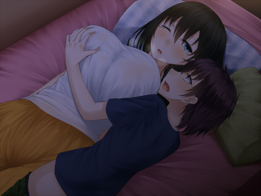 black_hair blue_eyes blush breast_grab breasts eyebrows eyebrows_visible_through_hair female highres indoors kurasaki_aya large_breasts long_hair long_skirt looking_at_another lying mole on_bed on_side one_eye_closed open_mouth original osananajimi_na_fuyuka-chan_wa_motto_shounen_ni_kamatte_hoshii_you_desu pants_down parted_lips pillow raised_eyebrows short_hair short_sleeves skirt tears wince yellow_skirt