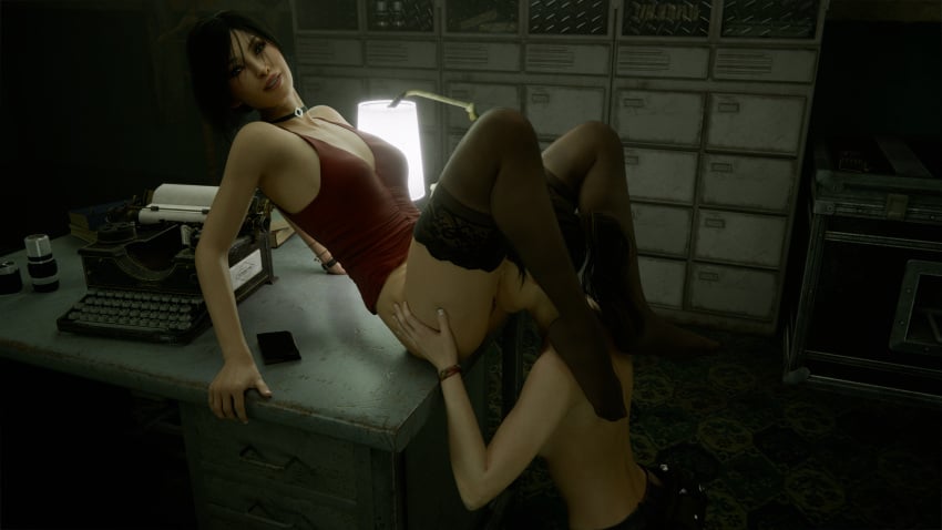 3d 3d_(artwork) ada_wong ada_wong_(adriana) arcasad asian_female brown_eyes brown_hair capcom claire_redfield claire_redfield_(jordan_mcewen) dark_hair lesbian licking_pussy light-skinned_female looking_at_viewer oral resident_evil resident_evil_2 resident_evil_2_remake self_upload stockings