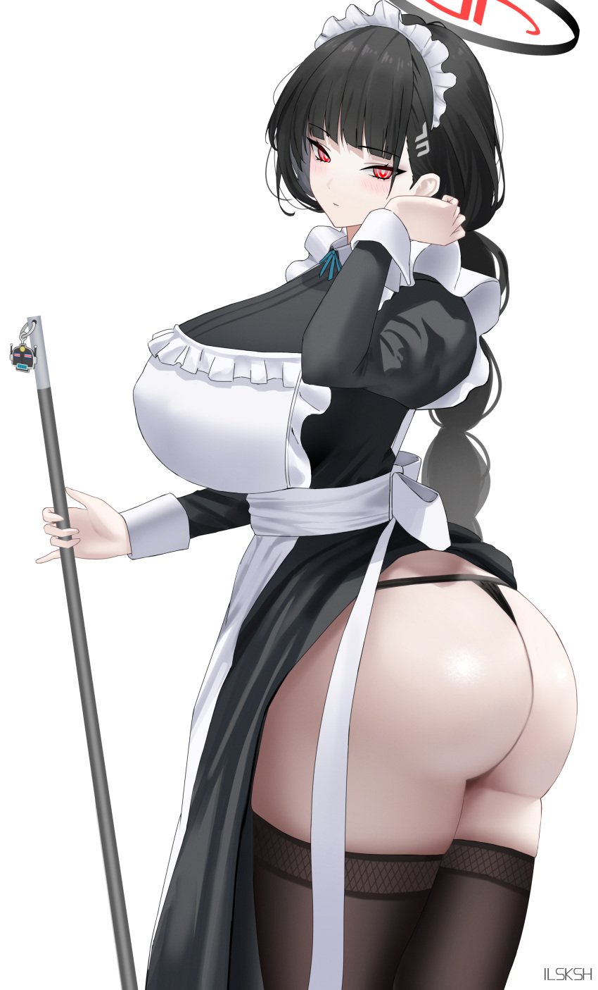 big_ass big_breasts black_hair black_panties blue_archive hair_ornament hairclip halo ilsksh large_breasts long_hair maid_headdress maid_uniform red_eyes rio_(blue_archive) thighhighs