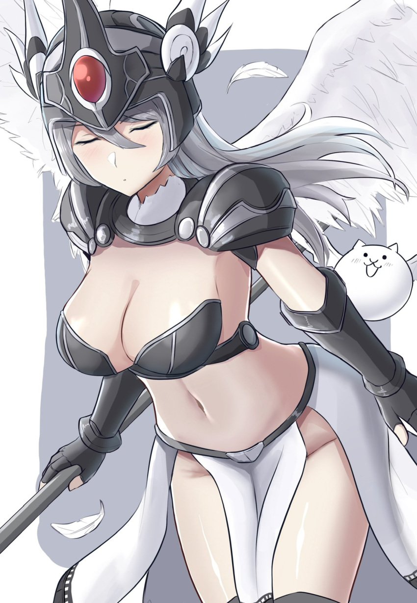 armor barely_clothed big_breasts bird_cat breasts cleavage closed_eyes gray_hair helmet light-skinned_female loincloth long_hair pelvic_curtain sed_(d4vcmk) the_battle_cats thick_thighs thighs true_valkyrie_cat valkyrie_cat wings