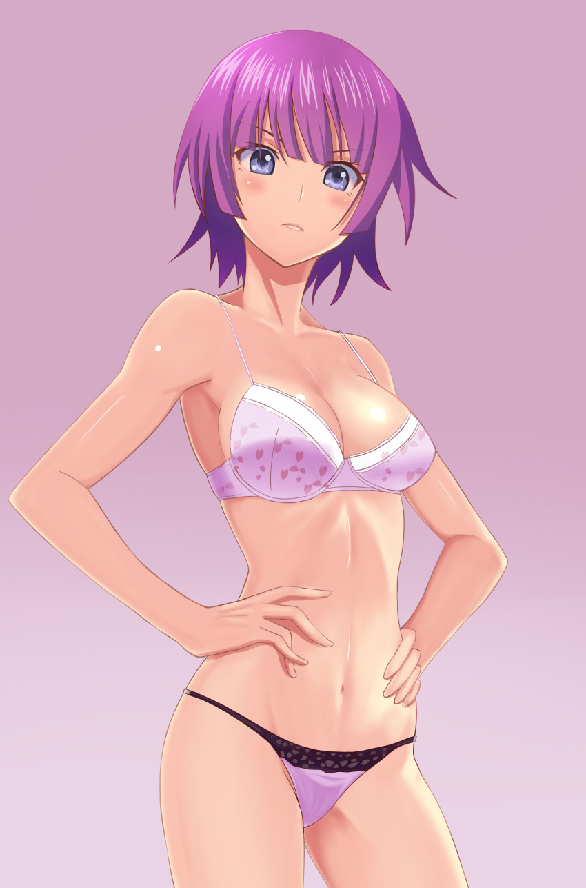 armpits ass_visible_through_thighs bare_arms bare_belly bare_legs bare_shoulders bare_thighs belly_button blue_eyes blush bra breasts cleavage closed_mouth collarbone hands_on_own_hips medium_breasts monogatari_(series) panties purple_bra purple_hair purple_panties senjougahara_hitagi short_hair taka_(takahirokun) thighs underwear underwear_only