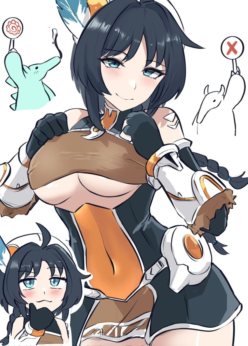 1girls big_breasts black_hair breasts female_focus huntress_terun light-skinned_female the_battle_cats thick_thighs underboob