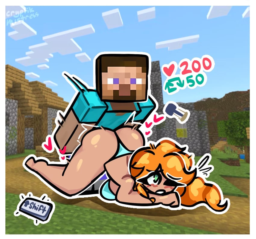 alex_(minecraft) ambiguous_penetration ass blue_bikini blue_eyes blush cryptik_mistress doggy_style green_eyes heart heart heart_symbol looking_pleasured minecraft one_eye_closed orange_hair steve_(minecraft) winking