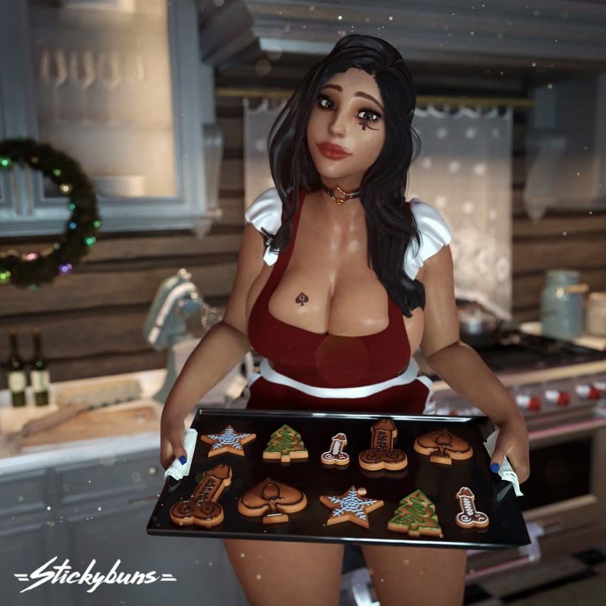 3d ana_amari big_breasts choker christmas christmas_outfit cookie dark-skinned_female huge_breasts lipstick overwatch queen_of_spades skimpy solo_female stickybuns voluptuous