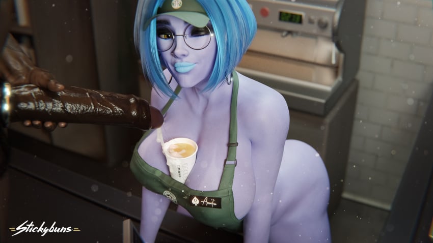 apron big_breasts big_penis blue_hair cock_ring coffee cum cum_in_cup cum_in_food dark-skinned_male glasses hoop_earrings lipstick naked_apron nose_ring overwatch purple_body queen_of_spades starbucks stickybuns widowmaker