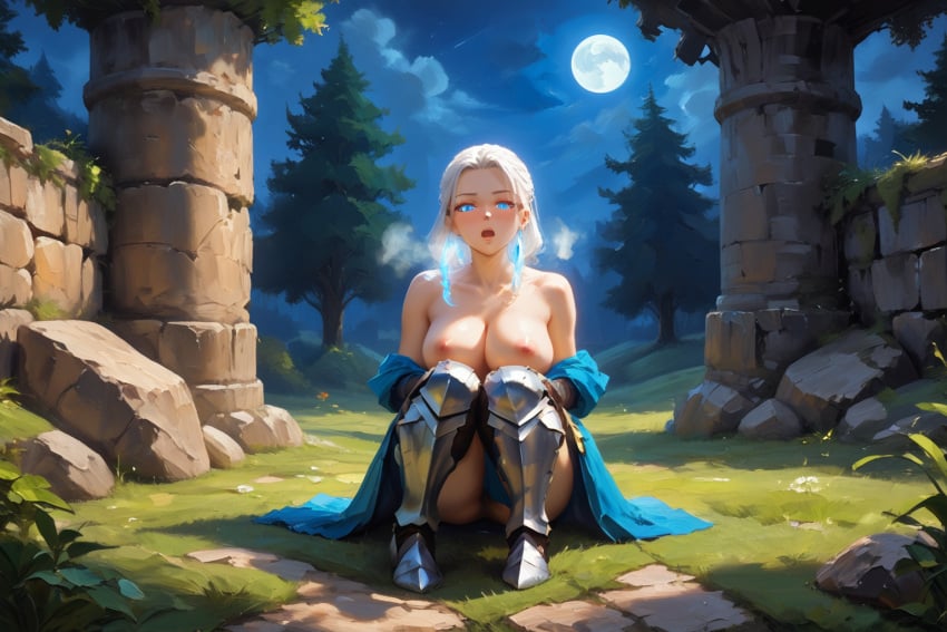 ai_generated armored_boots blue_eyes castle heavy_breathing large_breasts mind_control moon open_mouth sitting