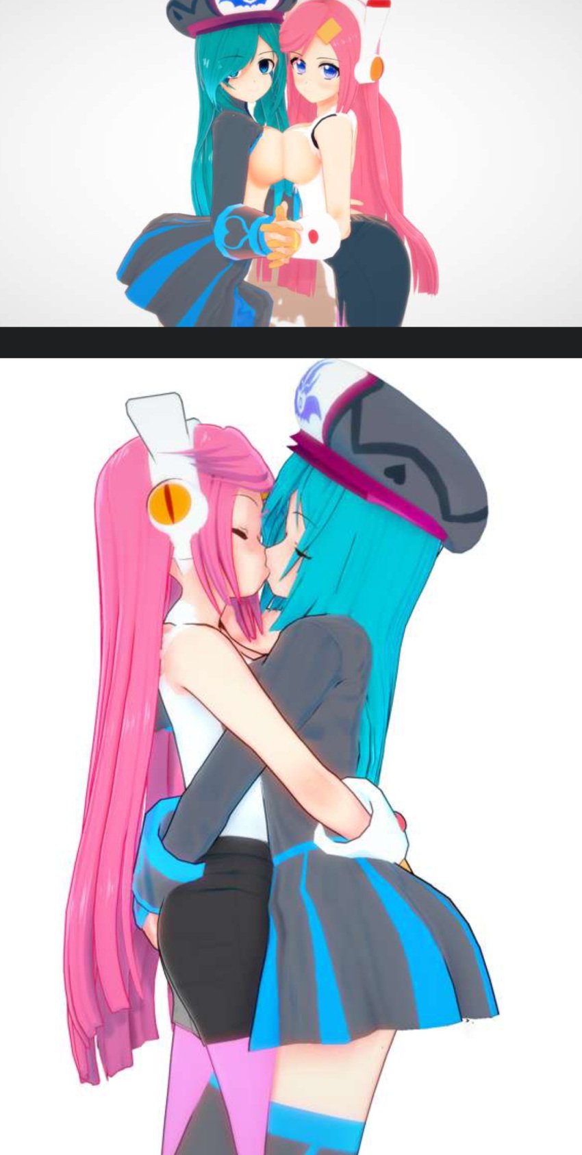 2girls bisexual blue_hair boobs_out closed_eyes francisca_(kirby) girls_only kirby_(series) kissing lesbian pink_hair pressing_breasts_together skirt susanna_patrya_haltmann susie_(kirby) yuri