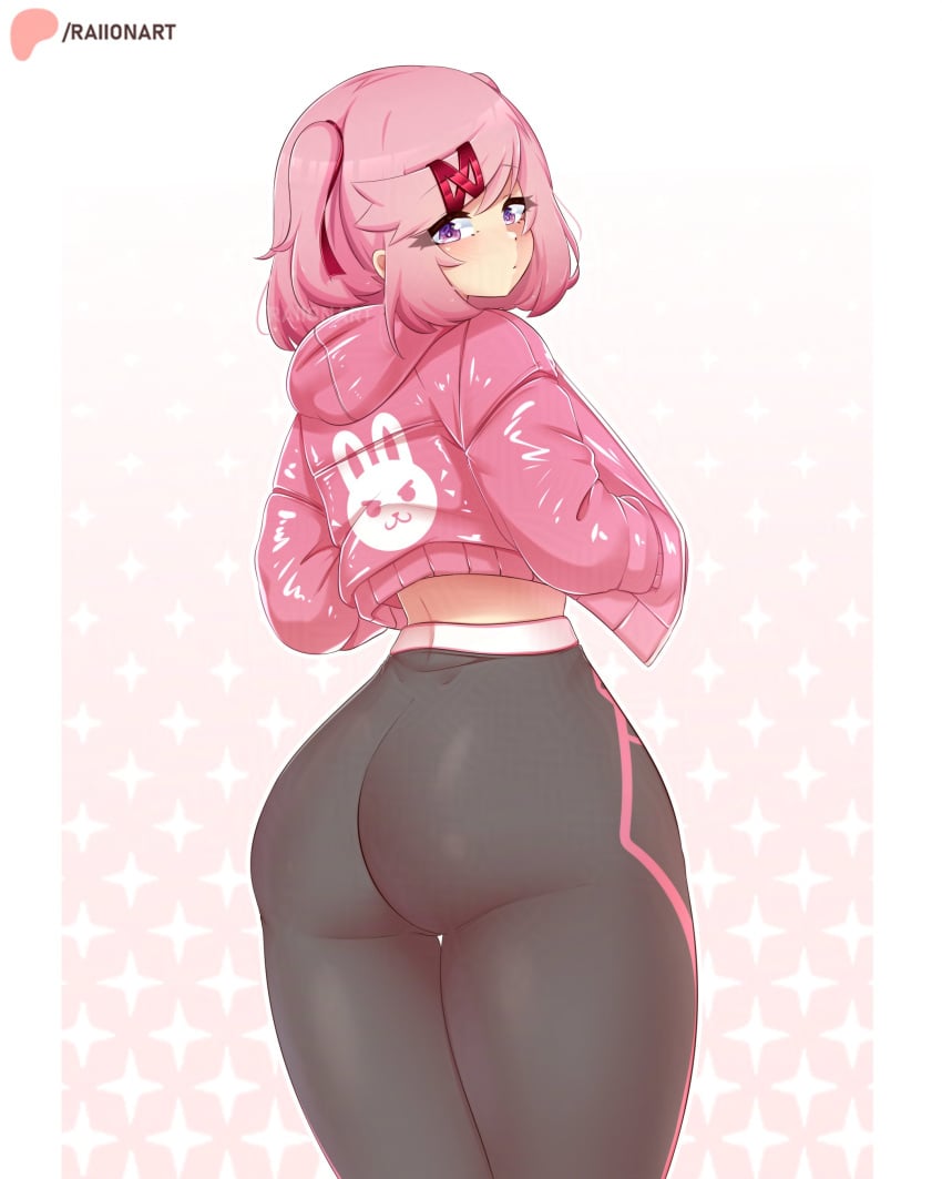 back_view big_ass blush bomber_jacket doki_doki_literature_club fat_ass hourglass_figure huge_ass jacket leggings looking_at_viewer natsuki_(doki_doki_literature_club) petite petite_body petite_female pink_hair purple_eyes raionart slim_waist teenager thick_ass thick_thighs white_background wide_hips