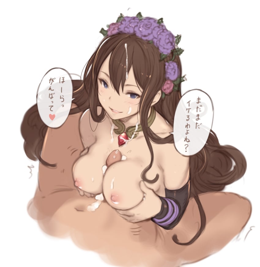 1boy :d blush bracelet breast_squeeze breasts brooch brown_hair censored collar collarbone cum cum_on_hair detached_sleeves erection facial female flower gem granblue_fantasy hair_flower hair_ornament hanarito head_tilt heart heart_censor highres jewelry large_breasts long_hair long_sleeves lower_body motion_lines nipples open_mouth paizuri penis pointless_censoring purple_flower rosetta_(granblue_fantasy) ruby_(stone) simple_background smile solo_focus speech_bubble spread_legs talking text translated trembling tsurime upper_body white_background