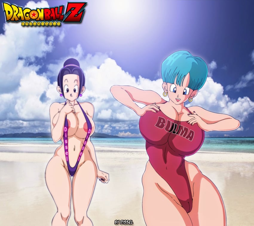 2girls alternate_breast_size areola areola_slip bimbo breasts bulma_briefs bulma_briefs_(majin_buu_saga) busty chichi chichi_(bulma's_party) cleavage dissel dragon_ball dragon_ball_z female female_only hoop_earrings hourglass_figure milf shounen_jump sling_bikini swimsuit voluptuous