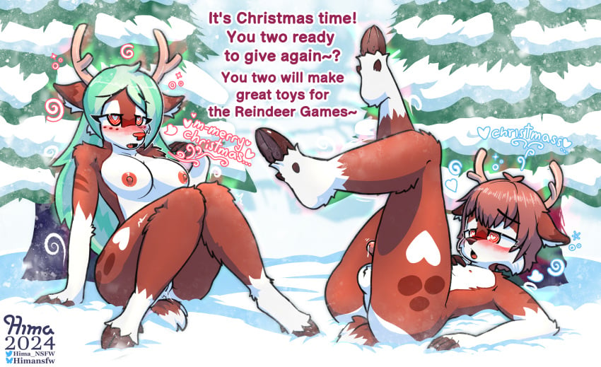 absurd_res ande_(hima_nsfw) anthro antlers areola balls blush breasts brown_body brown_fur brown_hair christmas deer dialogue duo evergreen_tree female fur genitals green_hair hair heart_eyes heart_symbol hi_res hima_nsfw himalaya_(hima_nsfw) holidays horn hypnosis long_hair lying male mammal mind_control new_world_deer nude on_back on_ground penis plant reindeer short_hair snow tree white_body white_fur winter