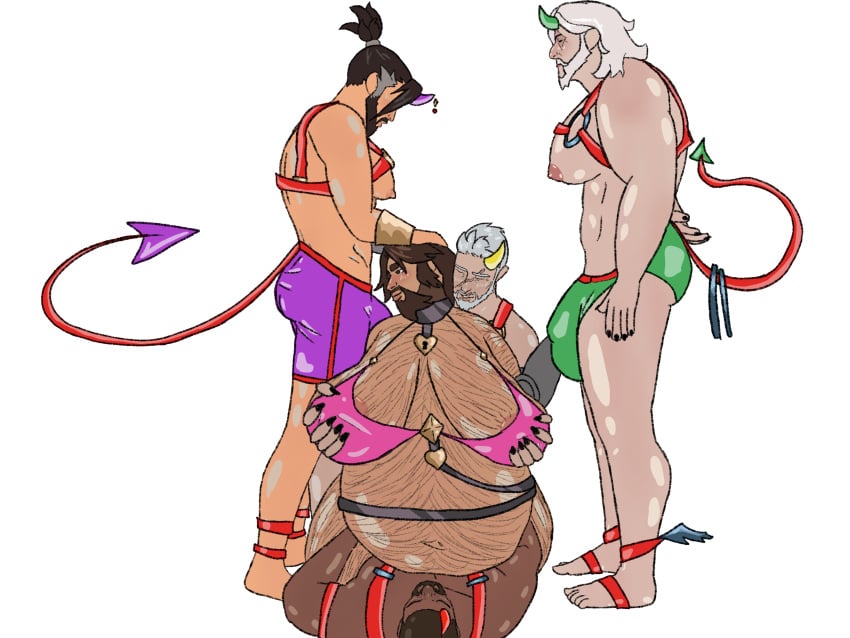 bara big_belly big_breasts cole_cassidy demon_costume gay halloween hanzo_shimada holding_breast male_only reaper reinhardt soldier_76