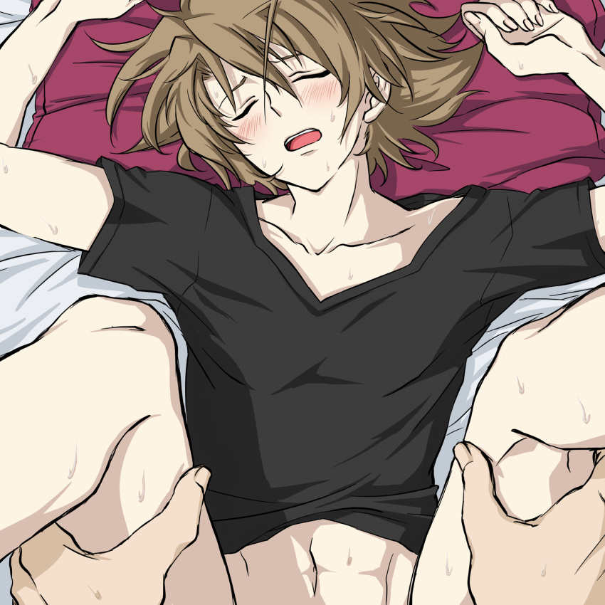 2boys abs anal bed bed_sheet blush bottomless brown_hair cardfight!!_vanguard green_eyes kai_toshiki male_only multiple_boys muscle open_mouth pillow pov sex sweat tagme yaoi