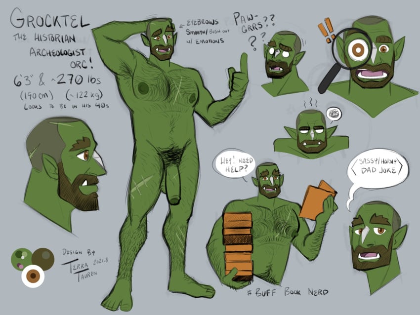 balls body_hair books character_sheet flaccid male male_only orc penis solo solo_male speech_bubble terratauren