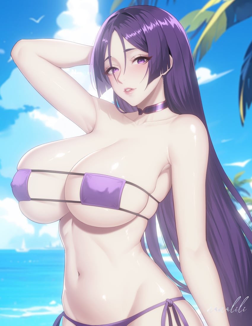 absurdres arm_behind_head artist_name beach bikini blue_sky blurry blurry_background breasts choker cleavage cloud cloudy_sky collarbone covered_nipples eyepatch_bikini fate/grand_order fate_(series) female hair_between_eyes highres huge_breasts long_hair looking_at_viewer minamoto_no_raikou_(fate) minamoto_no_raikou_(swimsuit_lancer)_(fate) minamoto_no_raikou_(swimsuit_lancer)_(third_ascension)_(fate) navel outdoors palm_tree parted_bangs parted_lips purple_bikini purple_choker purple_eyes purple_hair side-tie_bikini_bottom signature skindentation sky smiling_embassies solo stomach swimsuit tree upper_body very_long_hair water