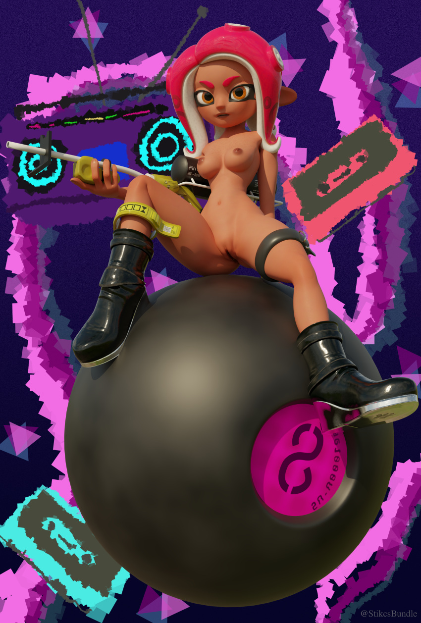 3d_(artwork) 8_ball agent_8_(splatoon) asymmetrical_clothing black_boots black_clothing clitoris dark_skin female gun humanoid latex legwear looking_at_viewer midriff nintendo nude octoling octopus octopus_humanoid orange_eyes pink_hair pussy shoes solo splatoon spread_legs stikcs tentacle tentacle_hair