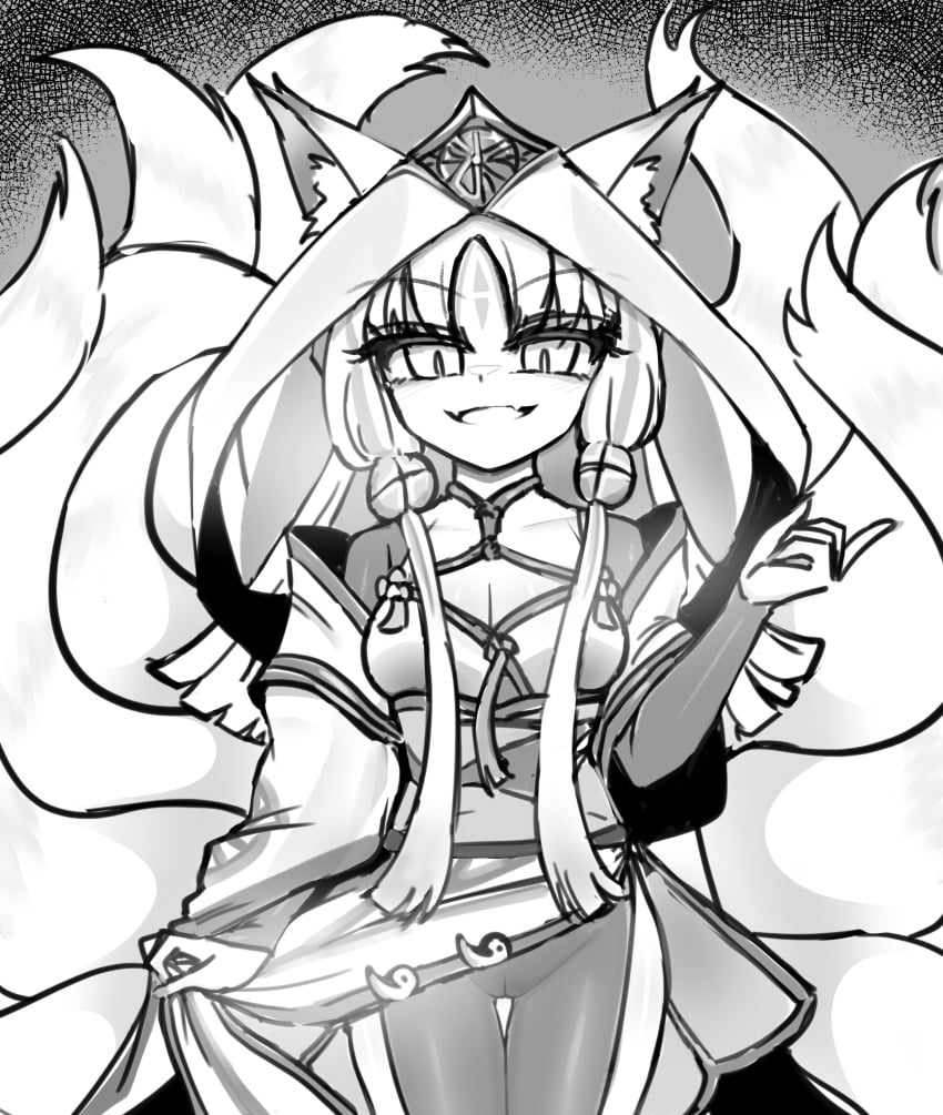 1girl arahime_the_manifested_mikanko breasts clothed duel_monster fox_ears fox_girl hu-li_the_jewel_mikanko keigo monochrome moving_skirt multiple_tails possessed smile tight_clothing vulva_line yu-gi-oh!