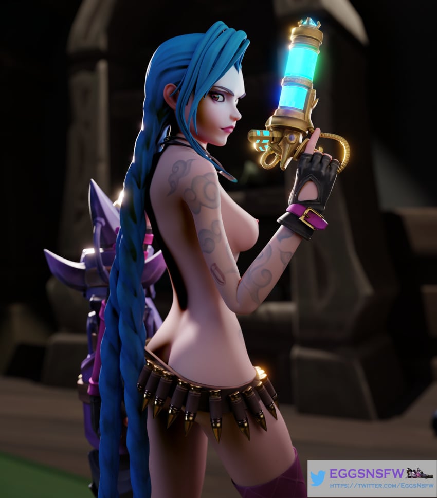 3d ass belt blue_hair breasts breasts_out bullet butt_crack casual eggsnsfw female firearm gloves gun half-dressed handgun handwear handwear_and_footwear_only human jinx_(league_of_legends) league_of_legends league_of_legends:_wild_rift legwear looking_at_viewer looking_back nude nude_female pale_skin perky_breasts powder_(arcane) riot_games slender_body slender_waist tactical_nudity tagme tattoo weapon