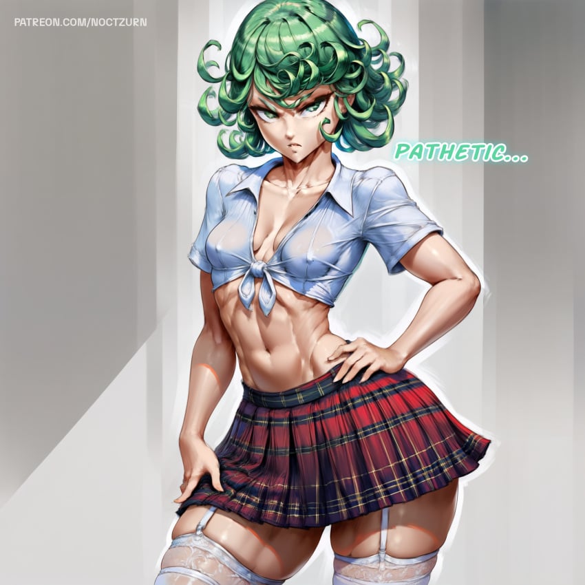 ai_generated angry_face dominant_female green_eyes insult noctzurn one-punch_man school_uniform schoolgirl small_breasts smaller_female tatsumaki text tsundere