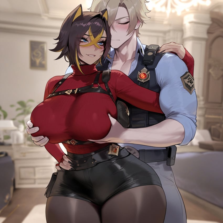 1boy 1boy1girl 1girls absurd_res ada_wong_(cosplay) aether_(genshin_impact) ai_generated chest_harness dark-skinned_female dehya_(genshin_impact) genshin_impact grabbing_another&#039;s_breast grabbing_breasts grabbing_from_behind groping hand_on_hip harness height_difference hoyoverse huge_breasts leon_scott_kennedy_(cosplay) liu_(artist) looking_back police_uniform resident_evil short_hair smirk standing straight sweater thick_thighs voluptuous voluptuous_female wide_hips