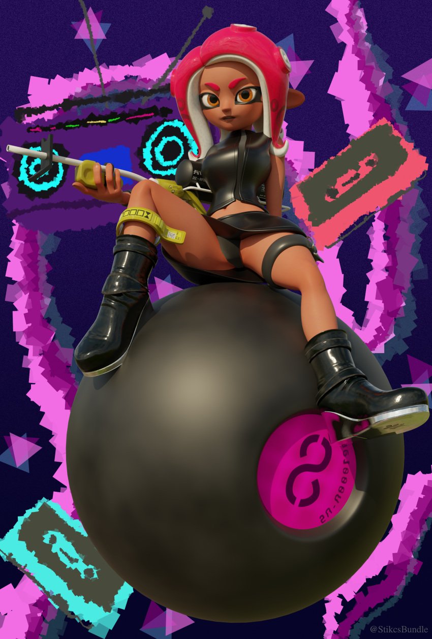 3d_(artwork) 8_ball agent_8_(splatoon) asymmetrical_clothing black_clothing crop_top dark_skin female gun humanoid latex legwear looking_at_viewer midriff nintendo octoling octopus octopus_humanoid orange_eyes panties pink_hair shoes skirt solo splatoon spread_legs stikcs tentacle tentacle_hair upskirt