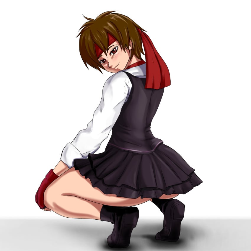 1girls ass ass_focus boots brown_eyes brown_hair capcom from_behind gloves headband ivyneko looking_at_viewer sakura_kasugano short_hair skirt squatting street_fighter street_fighter_v thick thick_ass thick_thighs tomboy