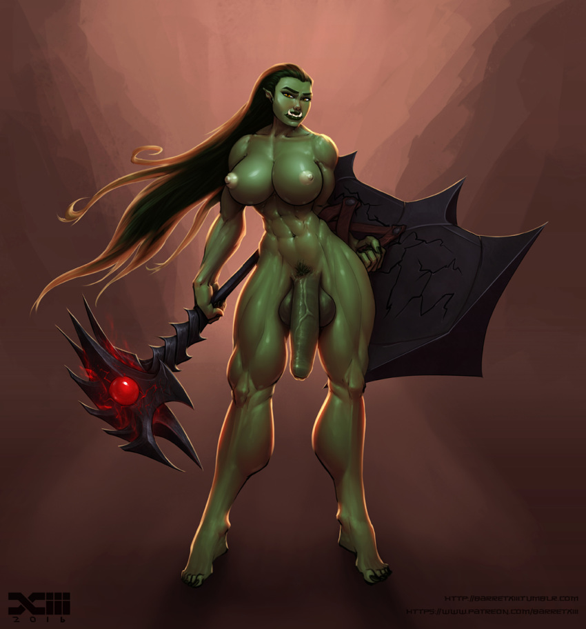 1futa abs barretxiii breasts dickgirl feet full-length_portrait full_length futa_only futanari green_skin half-orc hammer intersex large_penis long_hair melee_weapon navel nipples nude ogre orc orc_futanari penis portrait rangrid_earthshaker shield solo solo_futa standing testicles war_hammer weapon