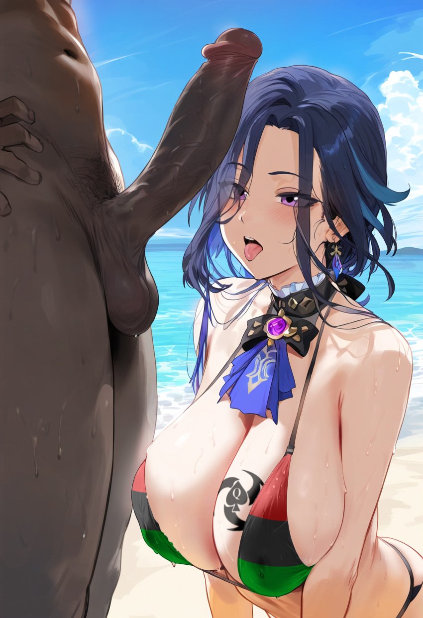 ai_generated bikini clorinde_(genshin_impact) dark-skinned_male dark_body dark_penis fellatio genshin_impact himeno penis penis_awe penis_on_face penis_out queen_of_spades