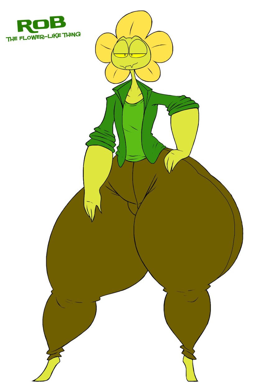 anthro ass ass brown_pants cocked_hip flora_fauna flower green_shirt half-closed_eyes hand_on_hip male male_only petals plant rob_(schplingnops) schplingnops solo solo_focus solo_male tagme thick_thighs wide_hips yellow_eyes