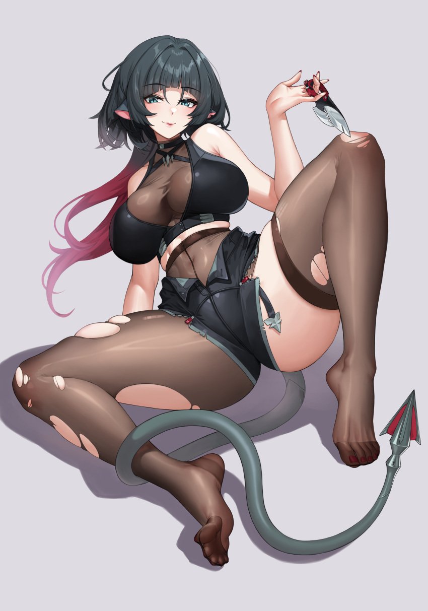 1girls female jane_doe_(zenless_zone_zero) karmiel knife tail thighs torn_clothes torn_pantyhose zenless_zone_zero