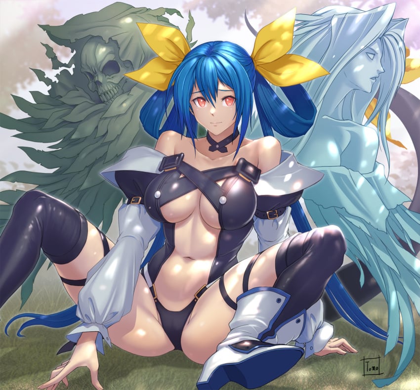 1girls artist_name ass bare_shoulders belt black_choker black_panties black_thighhighs blue_hair blush breasts center_opening choker commentary_request detached_sleeves dizzy_(guilty_gear) embarrassed female groin guilty_gear guilty_gear_x guilty_gear_xx hair_rings high_heels highres large_breasts long_hair long_sleeves navel necro_(guilty_gear) open_mouth panties puffy_long_sleeves puffy_sleeves red_eyes ribbon simple_background sitting skindentation solo spread_legs stomach tail tail_ornament tail_ribbon thick_thighs thighhighs thighs tomo_eokaiteru toned twintails underboob underwear undine_(guilty_gear)