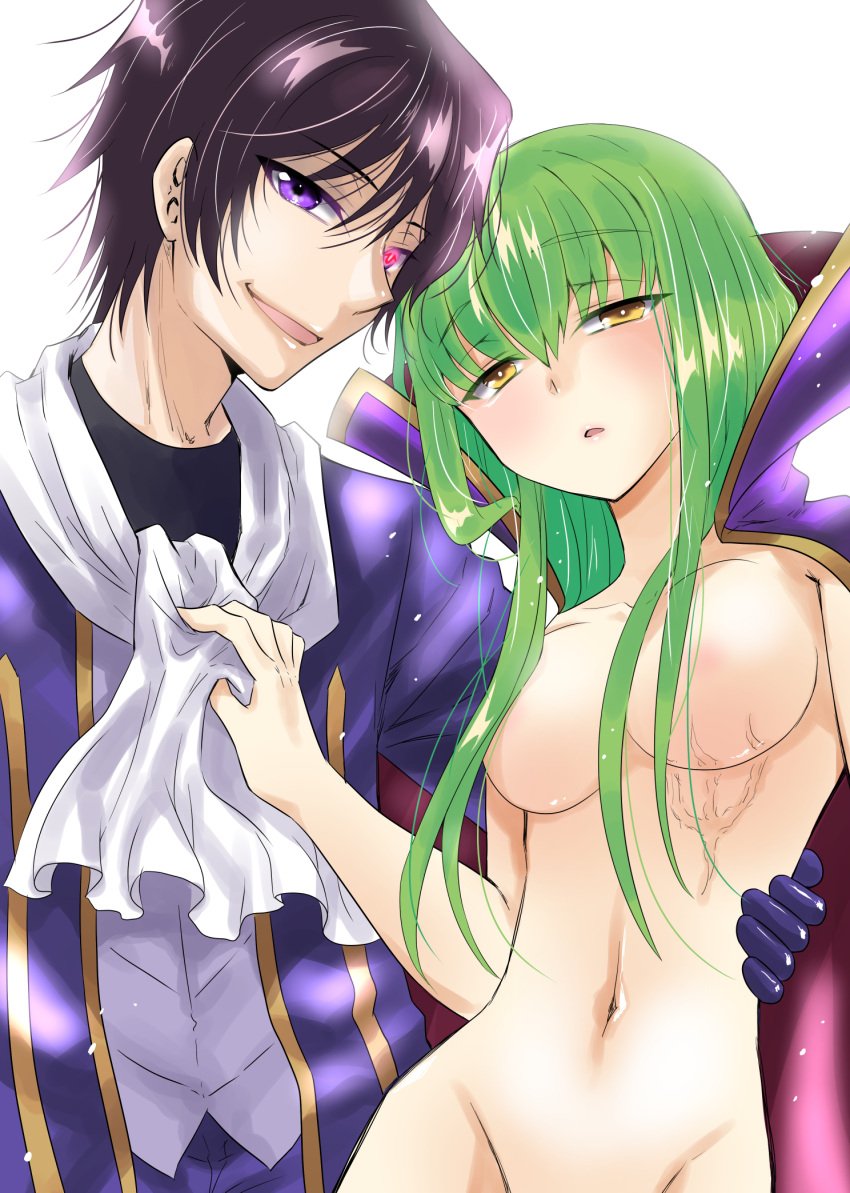 1boy 1boy1girl 1girls black_hair blush breasts c.c. cape clothing code_geass green_hair half-closed_eyes hand_on_waist lelouch_lamperouge long_hair looking_at_viewer nude scar smile uonuma_yuu wide_hips yellow_eyes