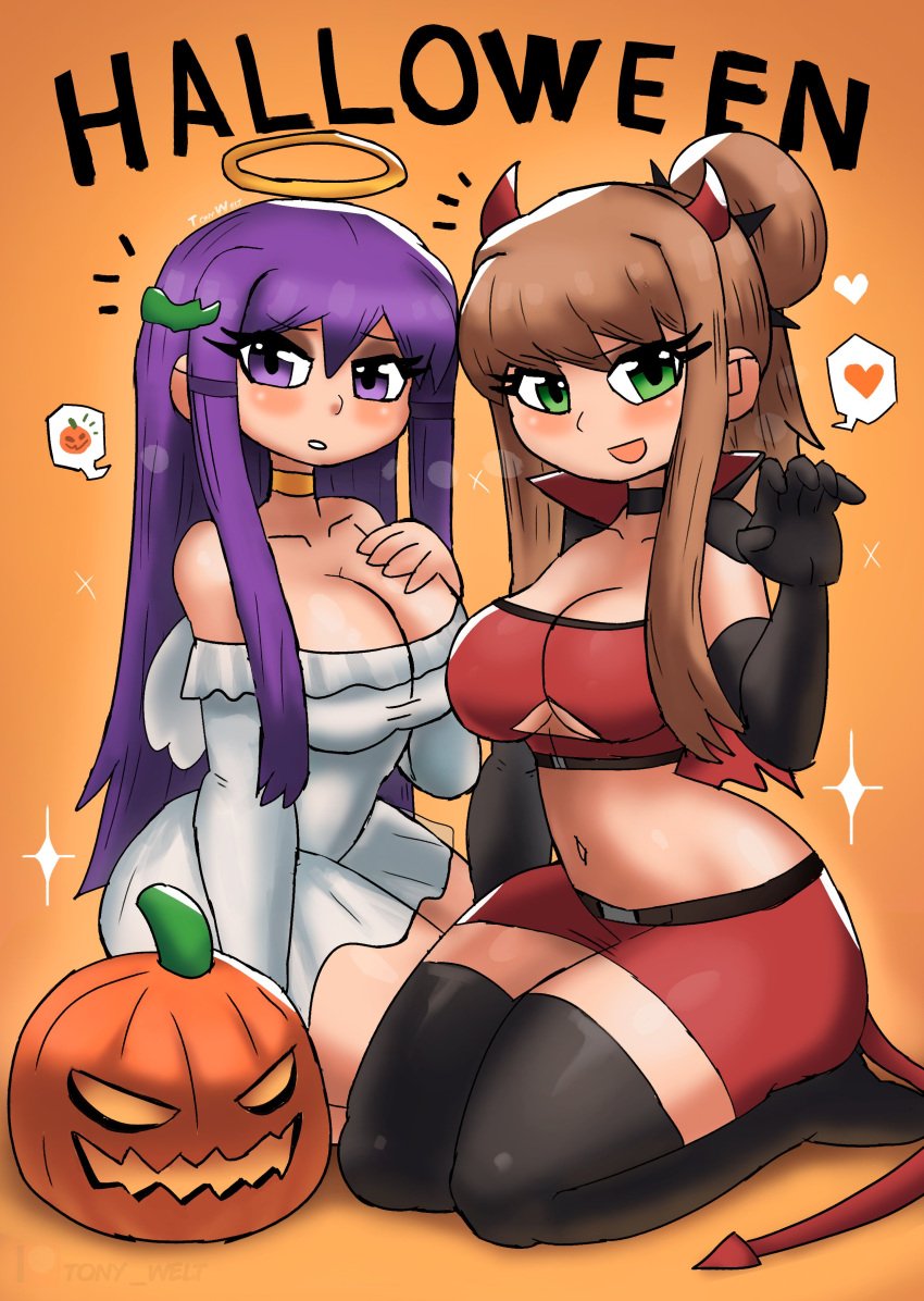 2girls breasts doki_doki_literature_club female female_only green_eyes halloween monika_(doki_doki_literature_club) open_mouth purple_eyes purple_hair tagme tony_welt yuri_(doki_doki_literature_club)